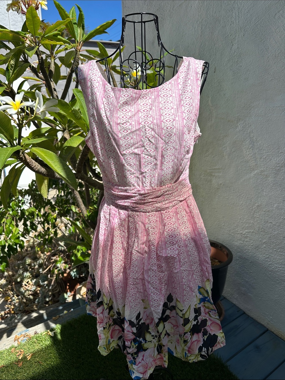 hinge Pink Patterned Sleeveless Fit-and-Flare Dress with Floral Border